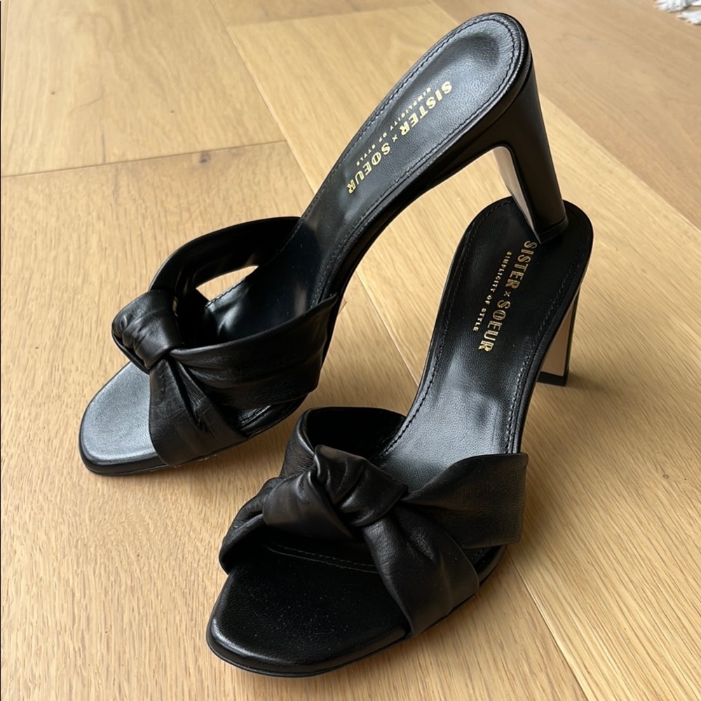 Sister x Soeur leather knot slide black block square heel sandals 6/36